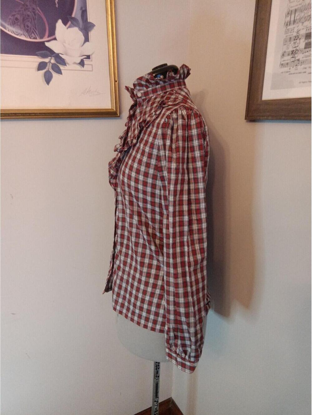 Vintage 60s 70s Ruffled Blouse, Retro Plaid Victorian Prairie Style Red & Green - Picture 3 of 5